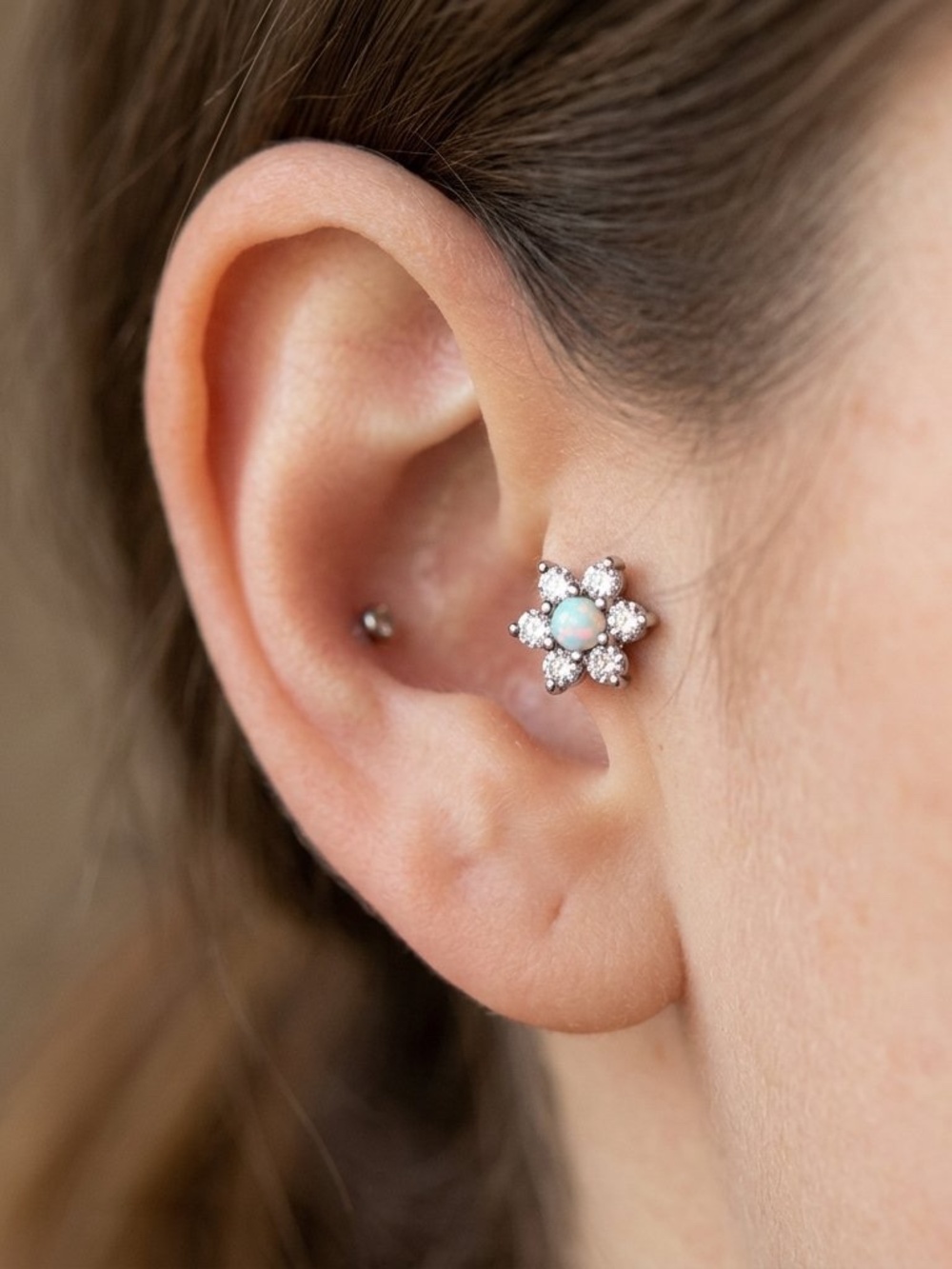 Stainless Steel Clear Petaled Iridescent White Floral Tragus Cartilage Earring